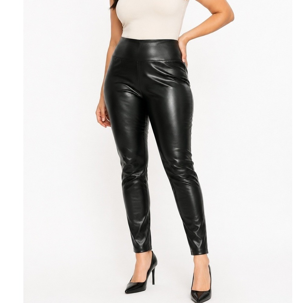 Women's Black Faux Leather Pants Size L Mid Rise Skinny Pull On Stretch Leggings